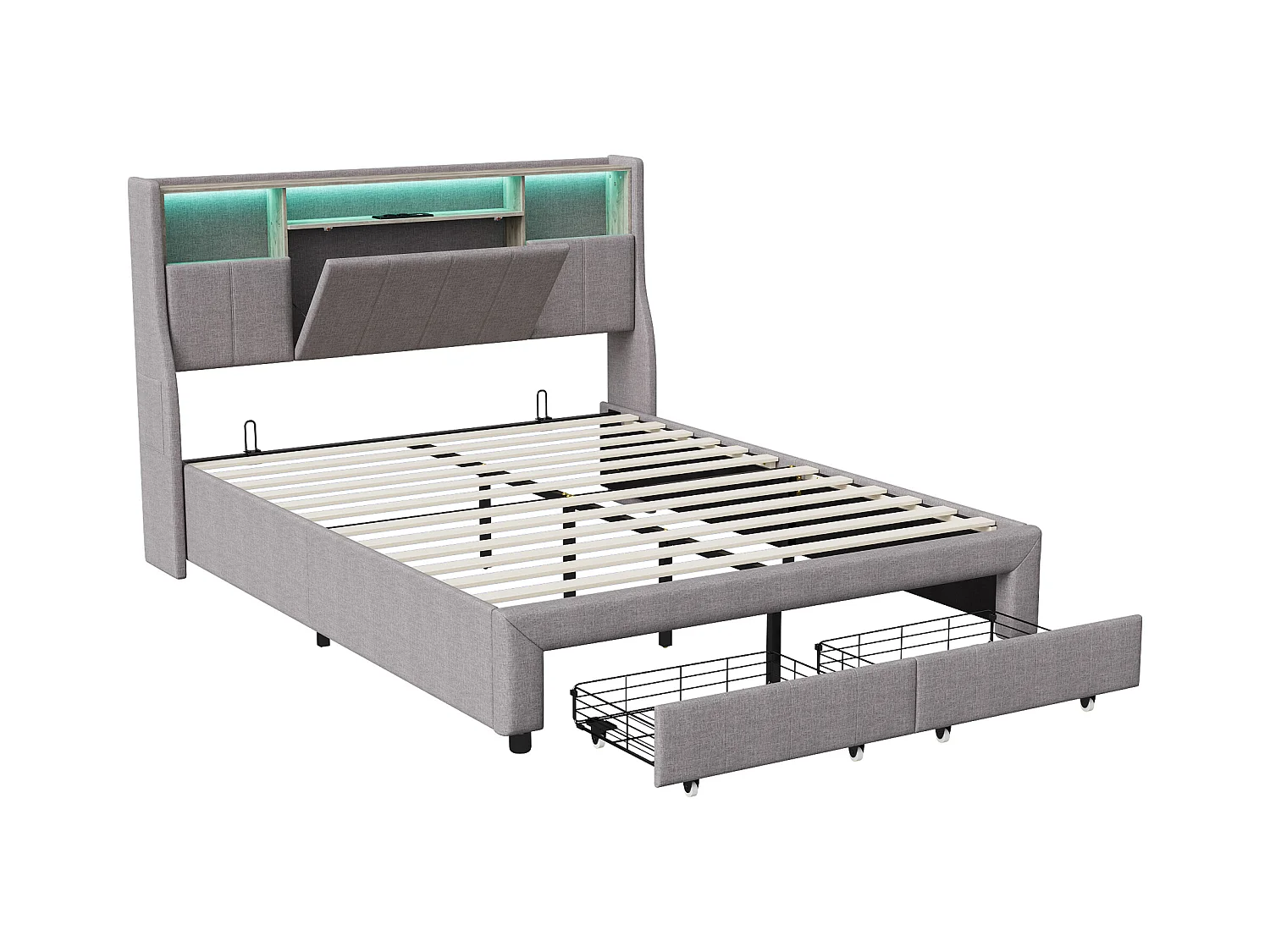 Lit Double 140x200 Cm , 2 Tiroirs Et Rangement Tête De Lit, LED Et Recharge USB, Lin Gris.