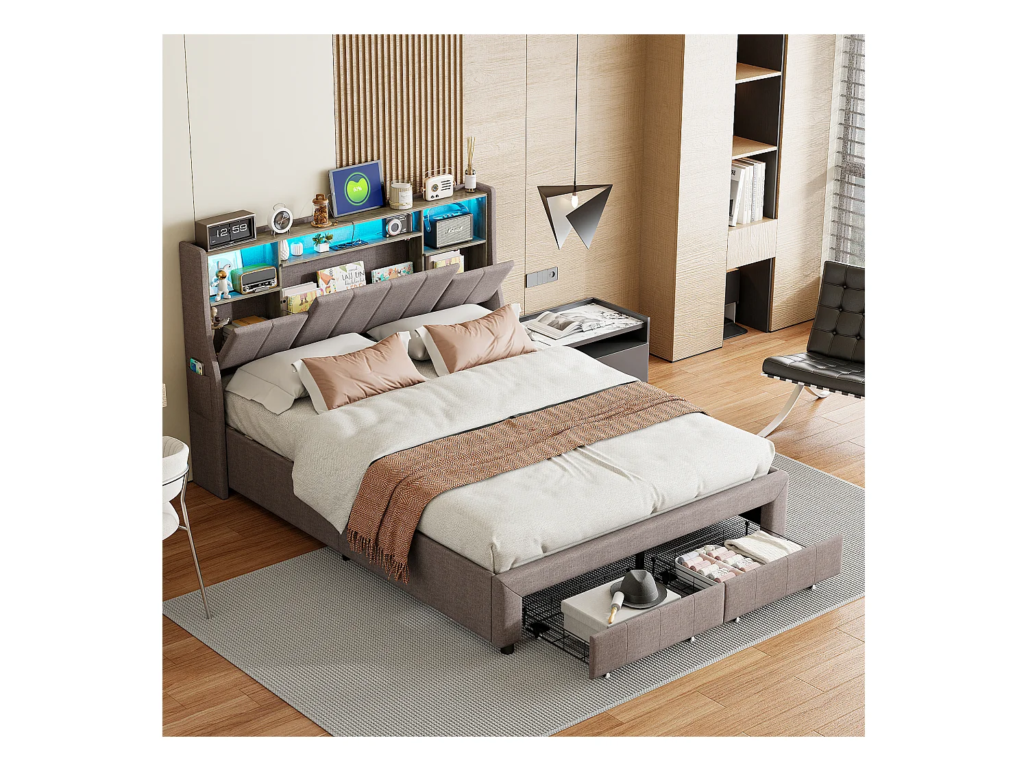 Lit Double 140x200 Cm , 2 Tiroirs Et Rangement Tête De Lit, LED Et Recharge USB, Lin Gris.