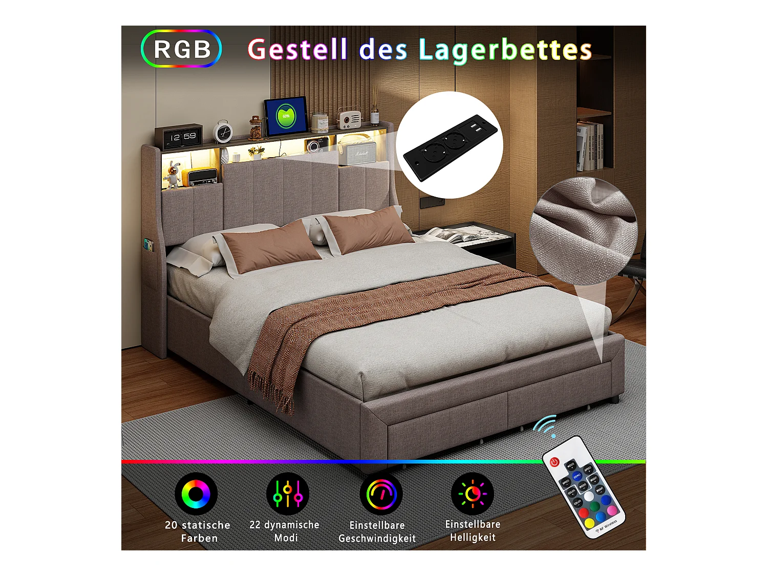 Letto matrimoniale 140x200 cm, 2 cassetti e contenitore nella testiera, LED e ricarica USB, lino grigio.