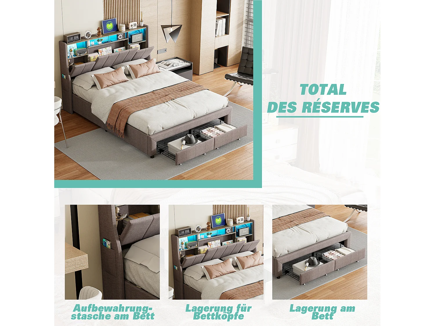 Tweepersoonsbed 140x200 cm, 2 lades en opbergruimte in het hoofdeinde, LED-verlichting en USB-oplaadfunctie, grijs linnen.