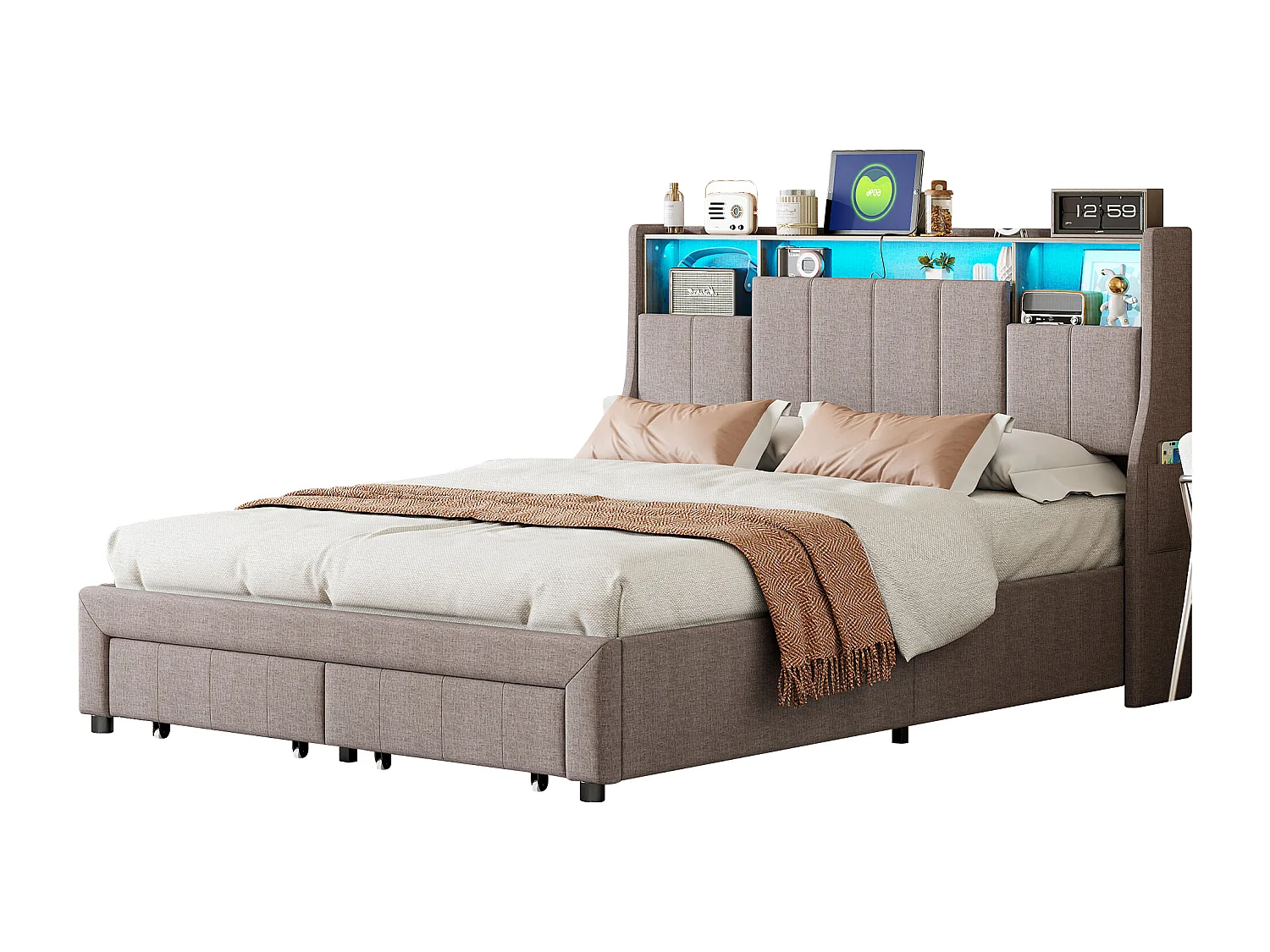 Tweepersoonsbed 140x200 cm, 2 lades en opbergruimte in het hoofdeinde, LED-verlichting en USB-oplaadfunctie, grijs linnen.