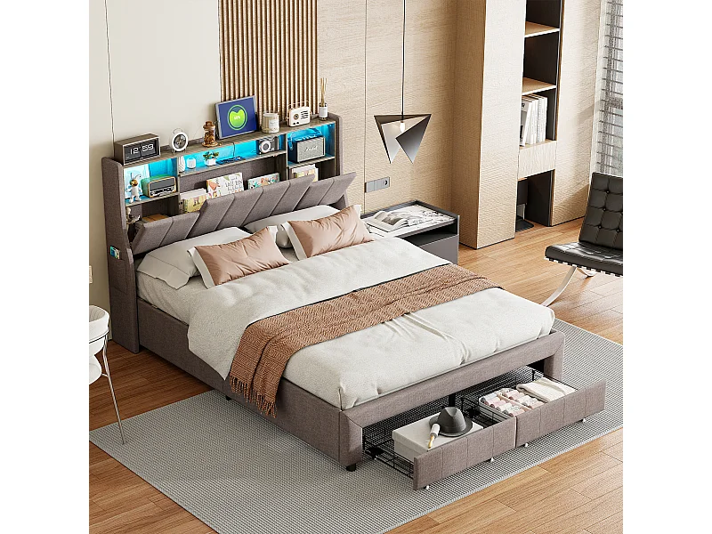 Doppelbett 140 x 200 cm, 2 Schubladen und Stauraum am Kopfteil, LED und USB-Ladefunktion, graues Leinen.