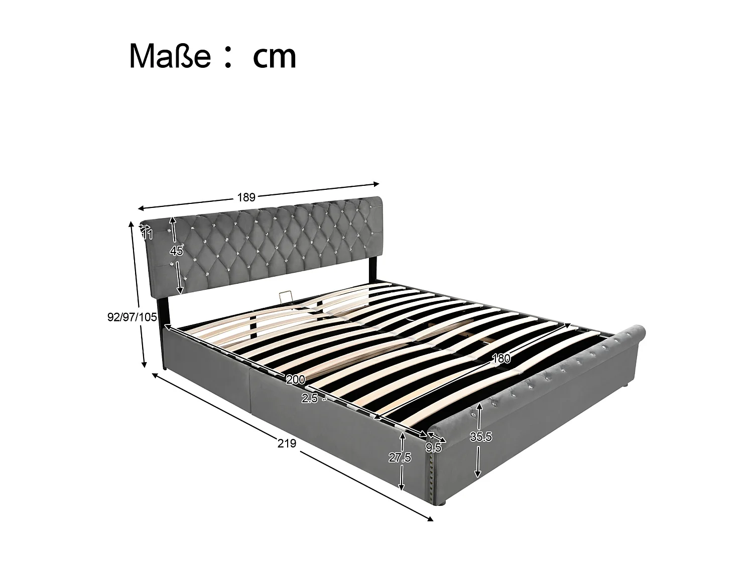 180x200 opbergbed met hoofdeinde, gestoffeerd bed met lattenbodem, tweepersoonsbed, grijs