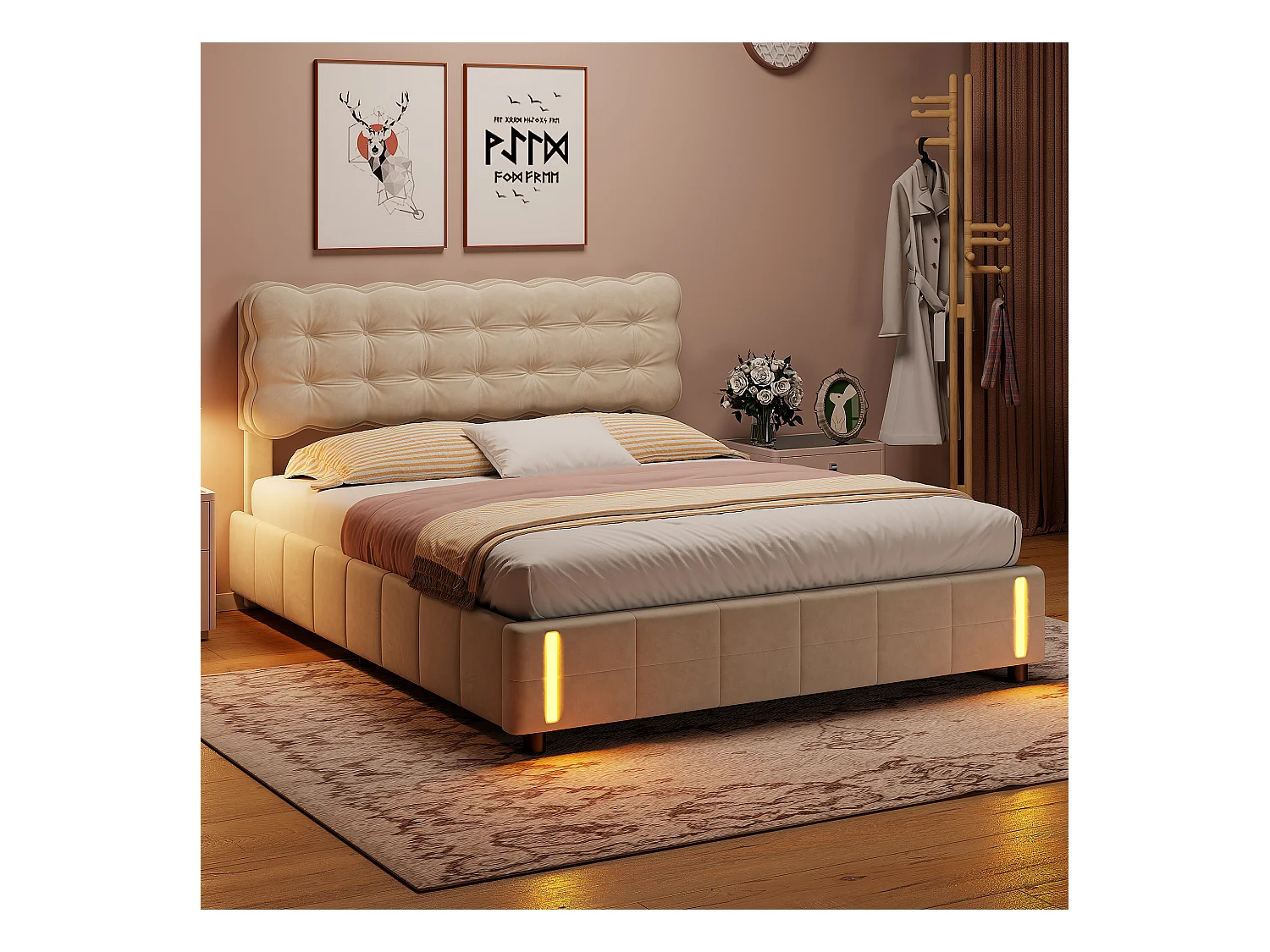 Lit Coffre 160x200 Cm Avec Rangement, Capitonné Velours Beige, Sommier LED, Lattes