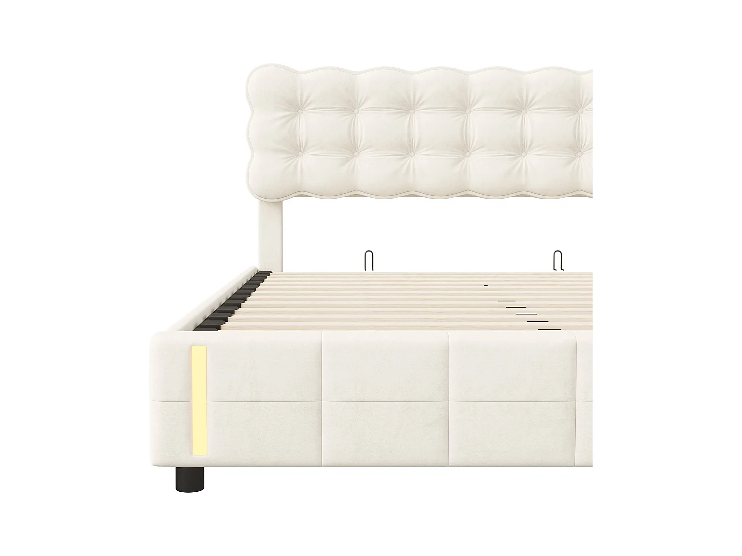 160x200 cm opbergbed met beige fluwelen bekleding, LED-lichtbasis, lattenbodem