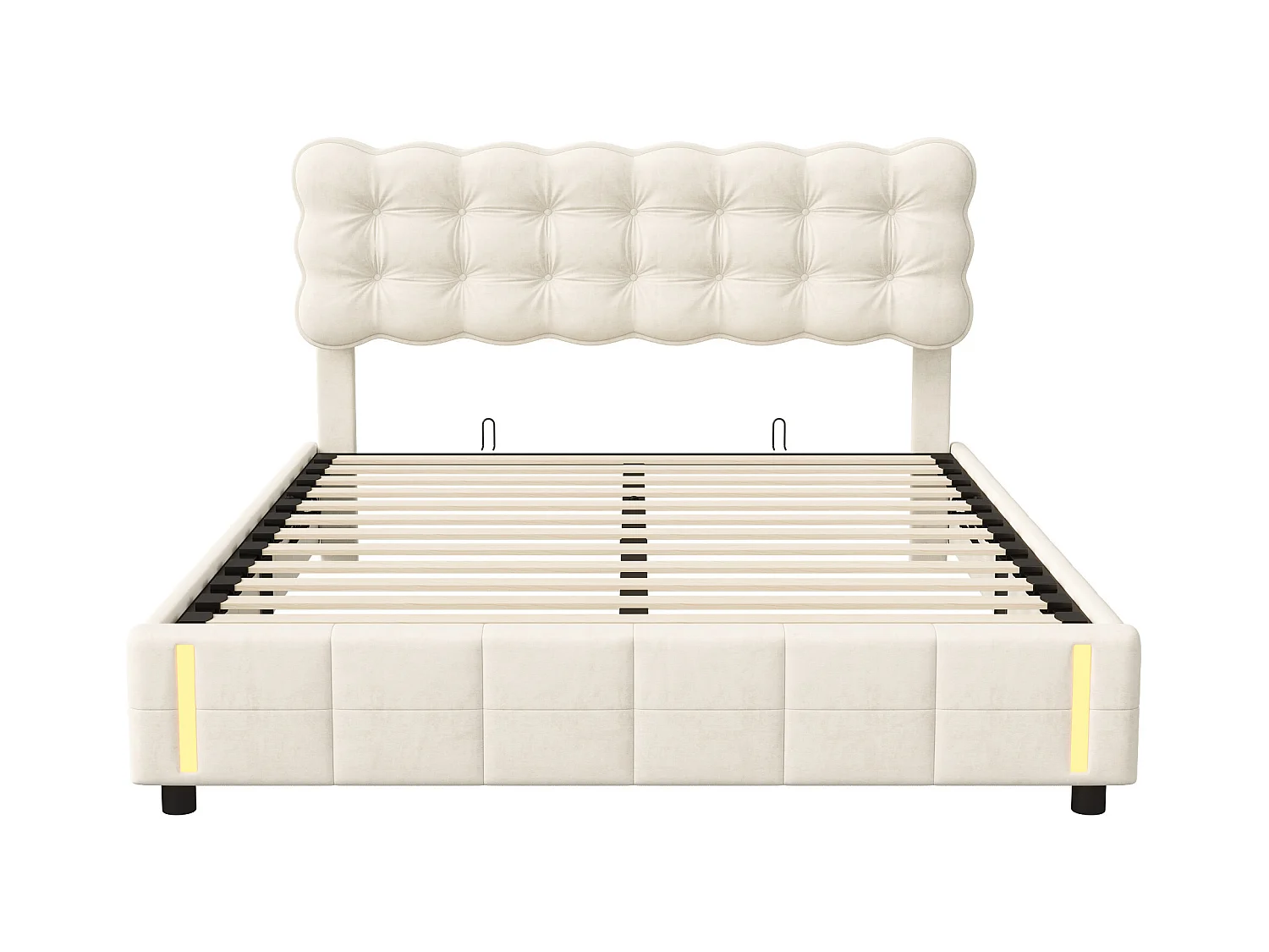 160x200 cm opbergbed met beige fluwelen bekleding, LED-lichtbasis, lattenbodem