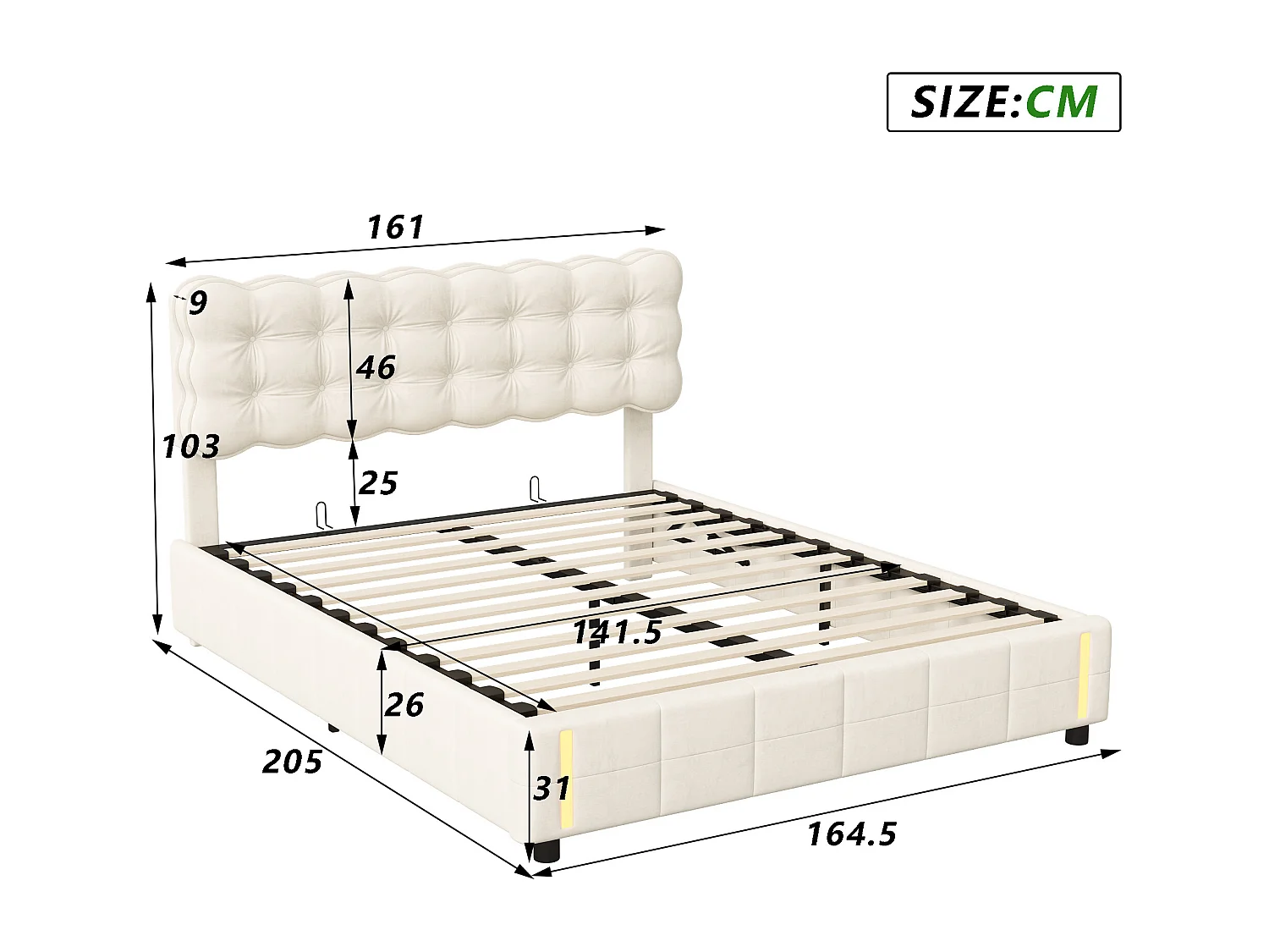 Cama com arrumação 160x200 cm com estofamento em veludo bege, base com luz LED e ripas