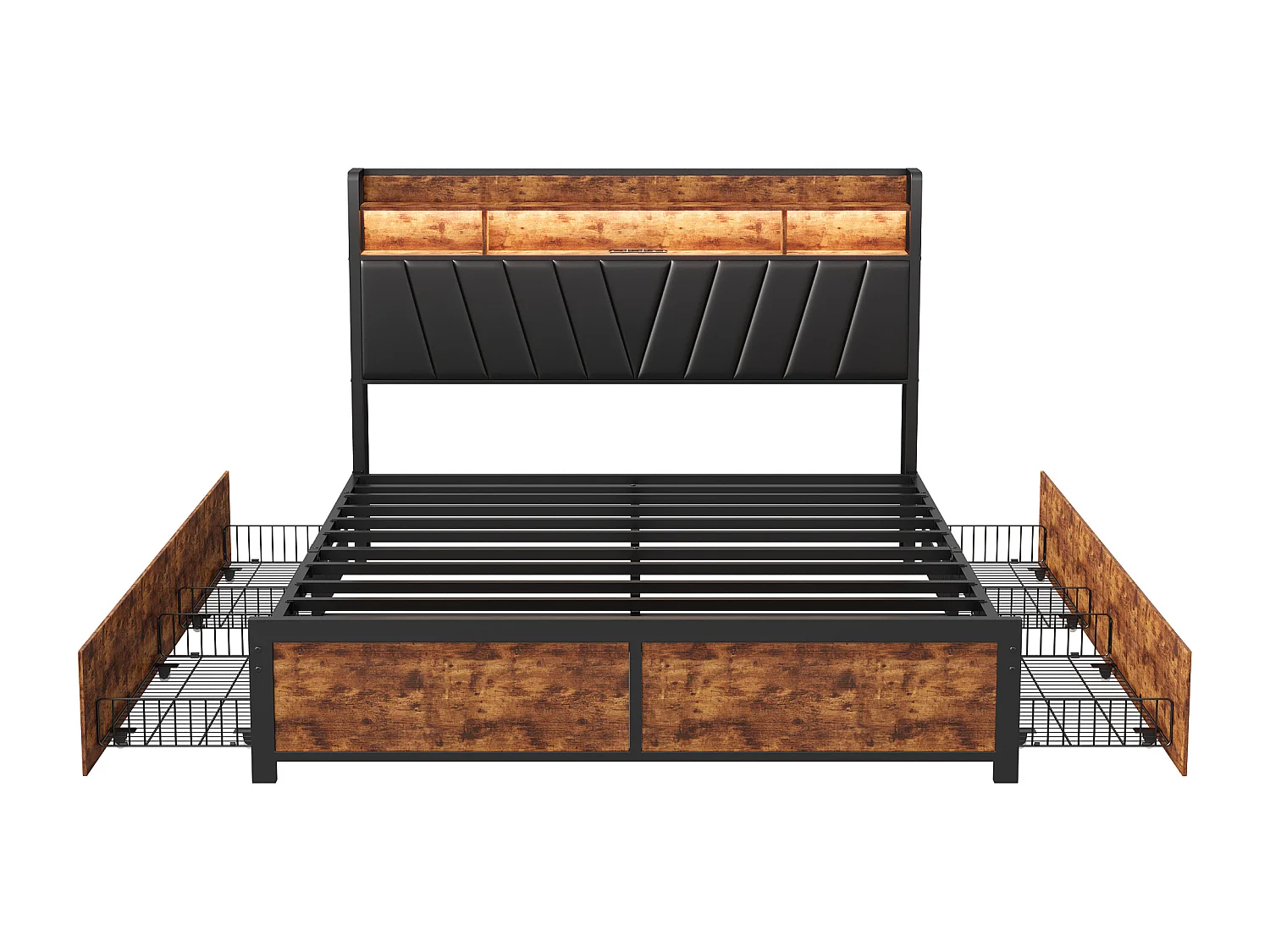 Gepolstertes Metallbett 140 x 200 cm mit Kopfteil, 4 Schubladen, LED-Leuchten und Ladestation