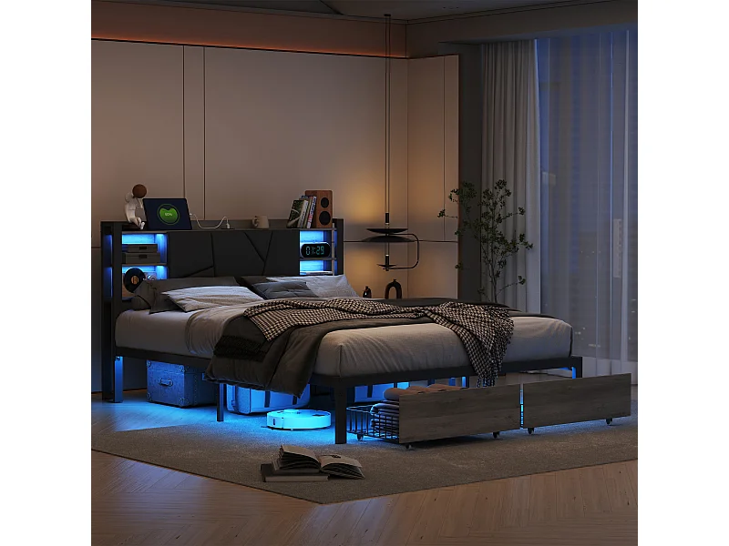 Doppelbett 160x200 cm, Metall, mit LED-Beleuchtung und USB-Ladefunktion, Polsterbett mit 2 Schubladen, Schwarz