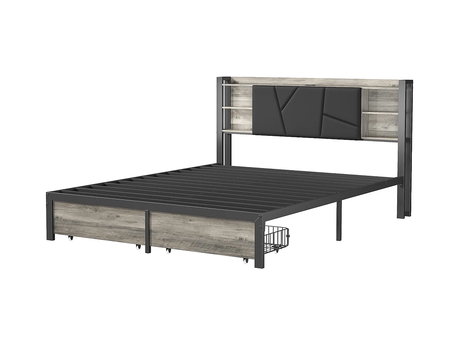 Doppelbett 160x200 cm, Metall, mit LED-Beleuchtung und USB-Ladefunktion, Polsterbett mit 2 Schubladen, Schwarz