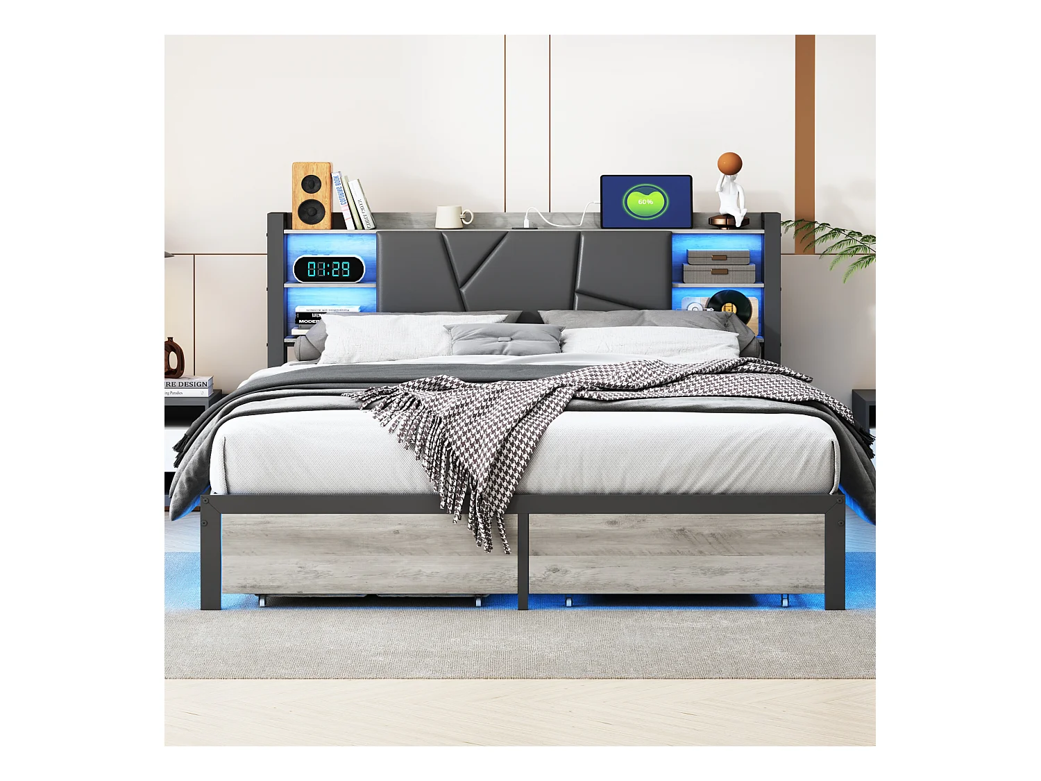 Doppelbett 160x200 cm, Metall, mit LED-Beleuchtung und USB-Ladefunktion, Polsterbett mit 2 Schubladen, Schwarz