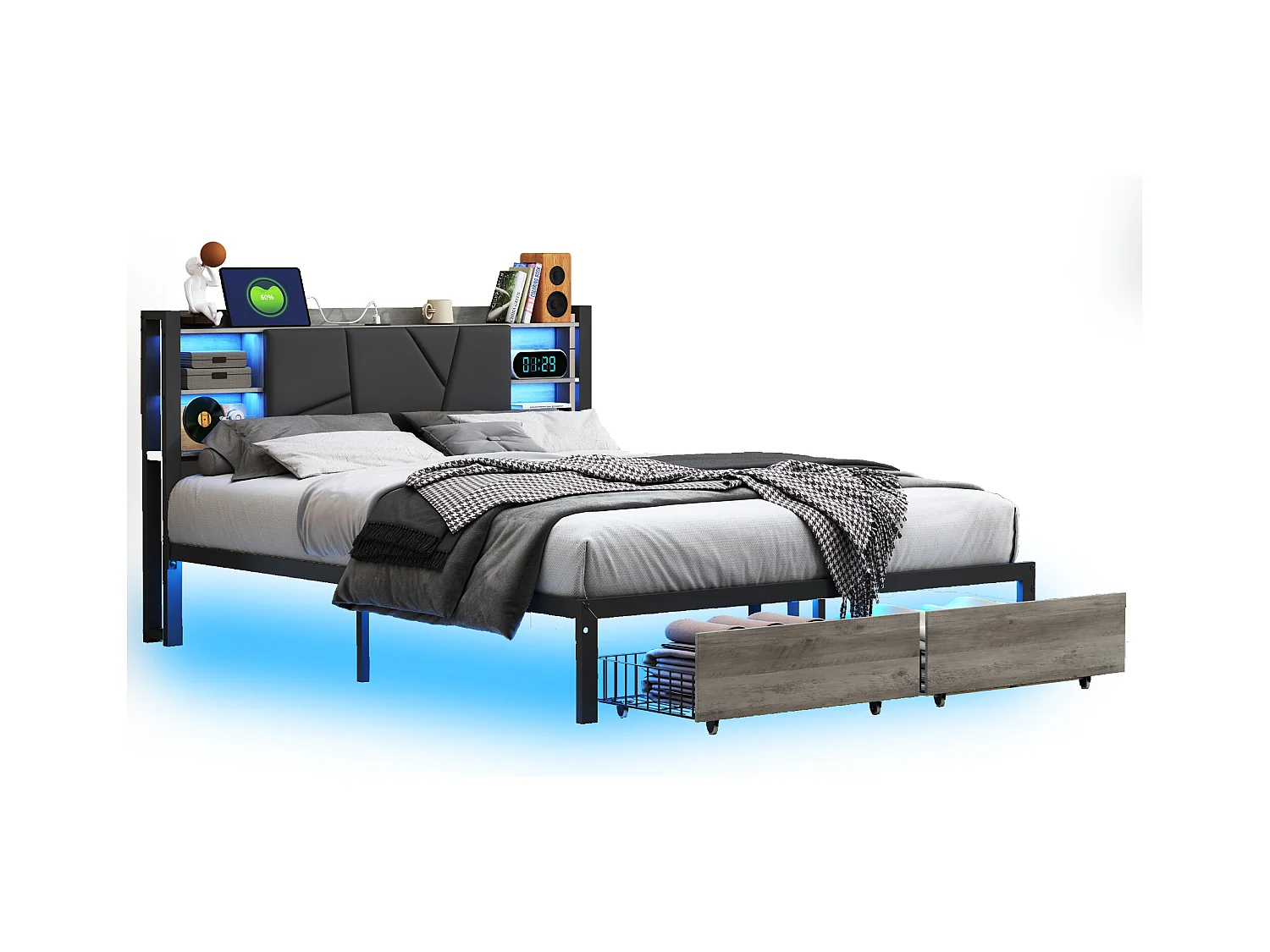 Doppelbett 160x200 cm, Metall, mit LED-Beleuchtung und USB-Ladefunktion, Polsterbett mit 2 Schubladen, Schwarz