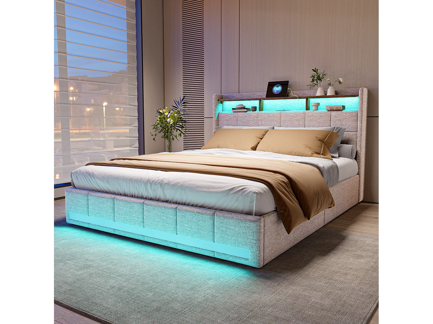 Tweepersoonsbed 160x200 cm in beige linnen, 4 lades, led-verlichting, planken, USB/Type-C-aansluitingen, houten lattenbodem