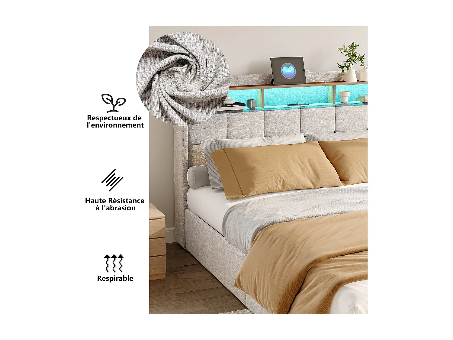 Tweepersoonsbed 160x200 cm in beige linnen, 4 lades, led-verlichting, planken, USB/Type-C-aansluitingen, houten lattenbodem