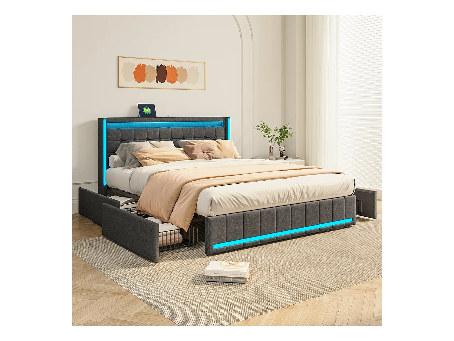 Lit Coffre 160x200 Avec LED Et USB, Lit Capitonné Avec Sommier à Lattes Et 4 Tiroirs, Lit Double