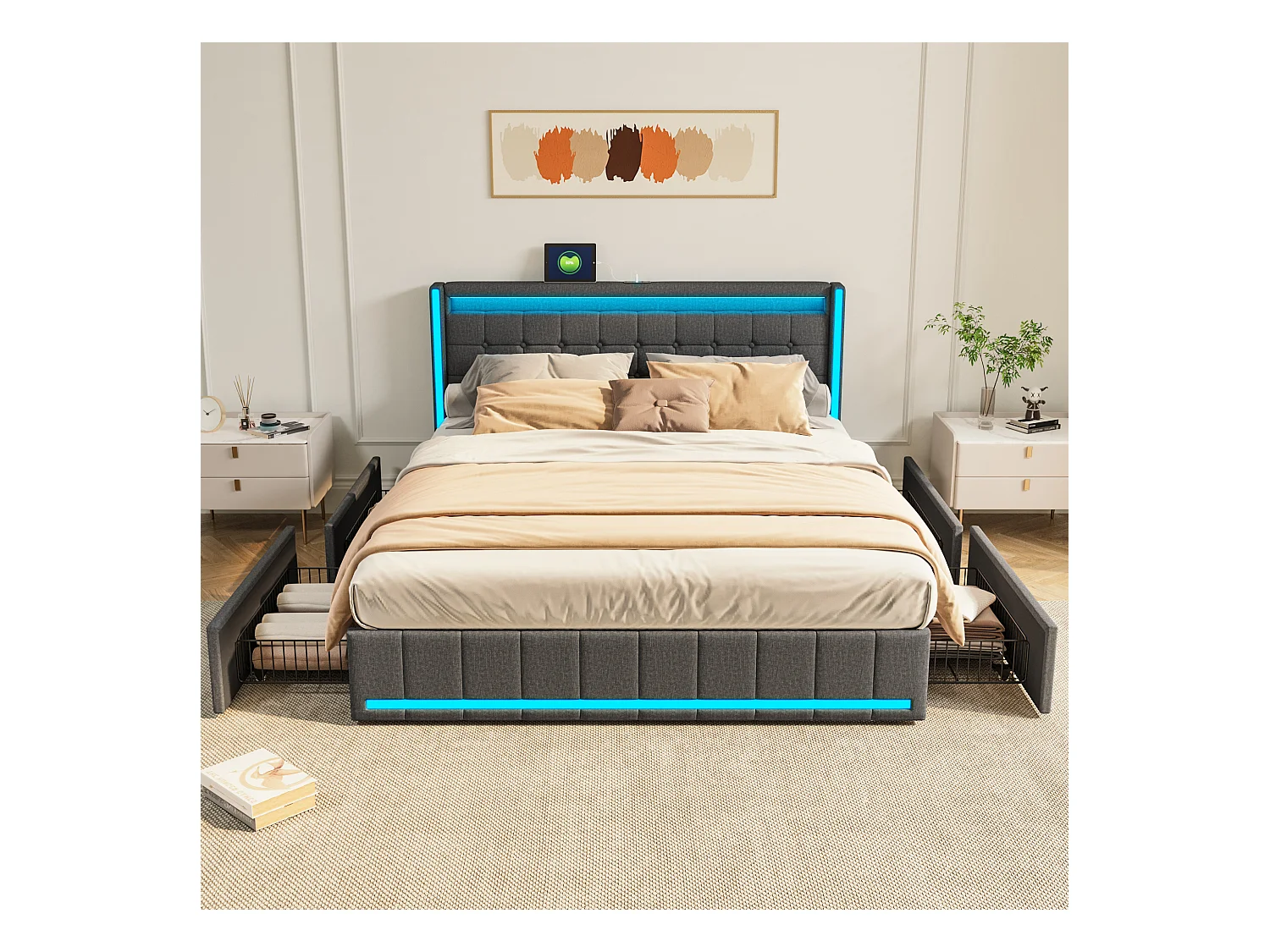 Lit Coffre 160x200 Avec LED Et USB, Lit Capitonné Avec Sommier à Lattes Et 4 Tiroirs, Lit Double