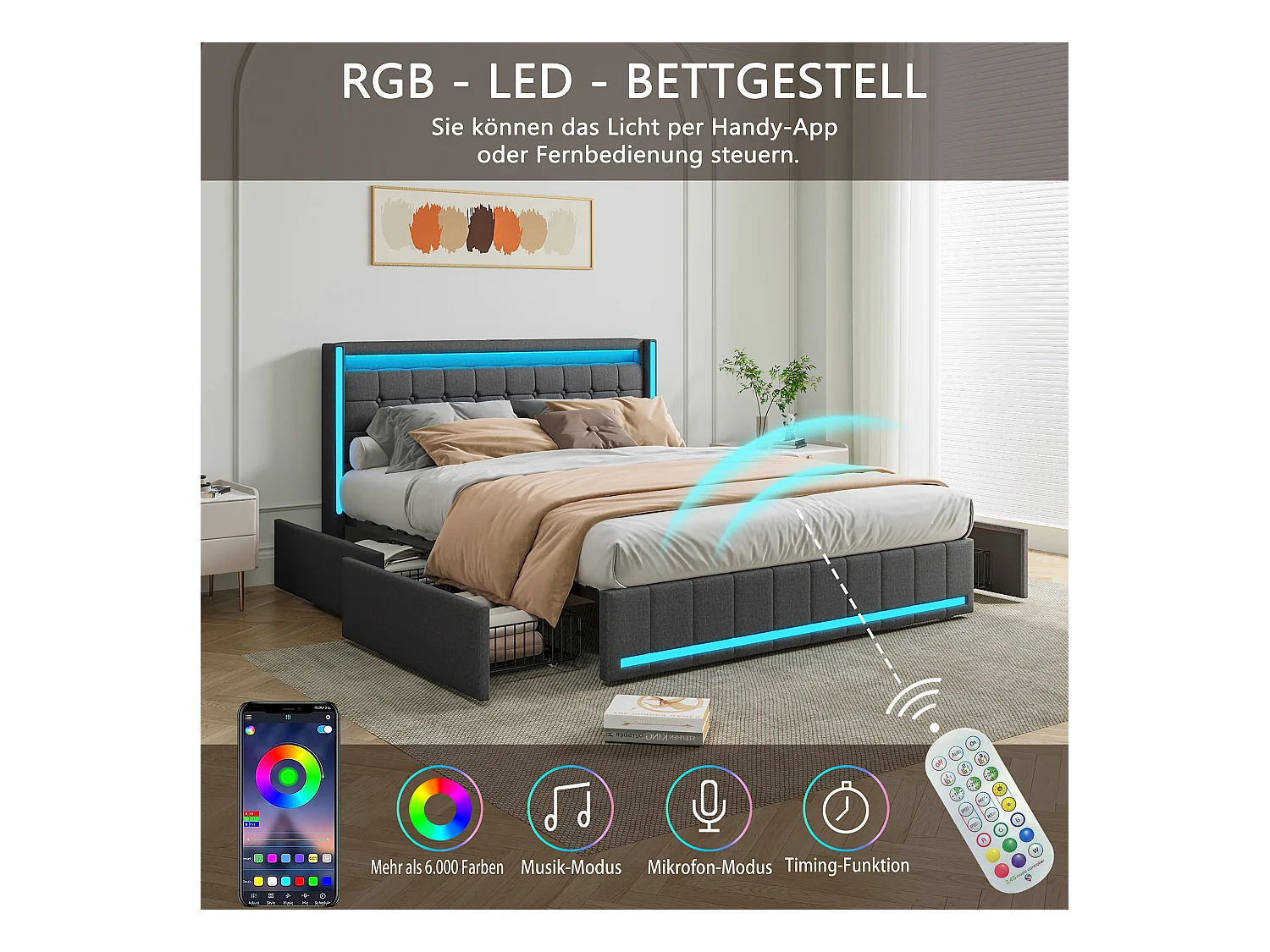 Lit Coffre 160x200 Avec LED Et USB, Lit Capitonné Avec Sommier à Lattes Et 4 Tiroirs, Lit Double