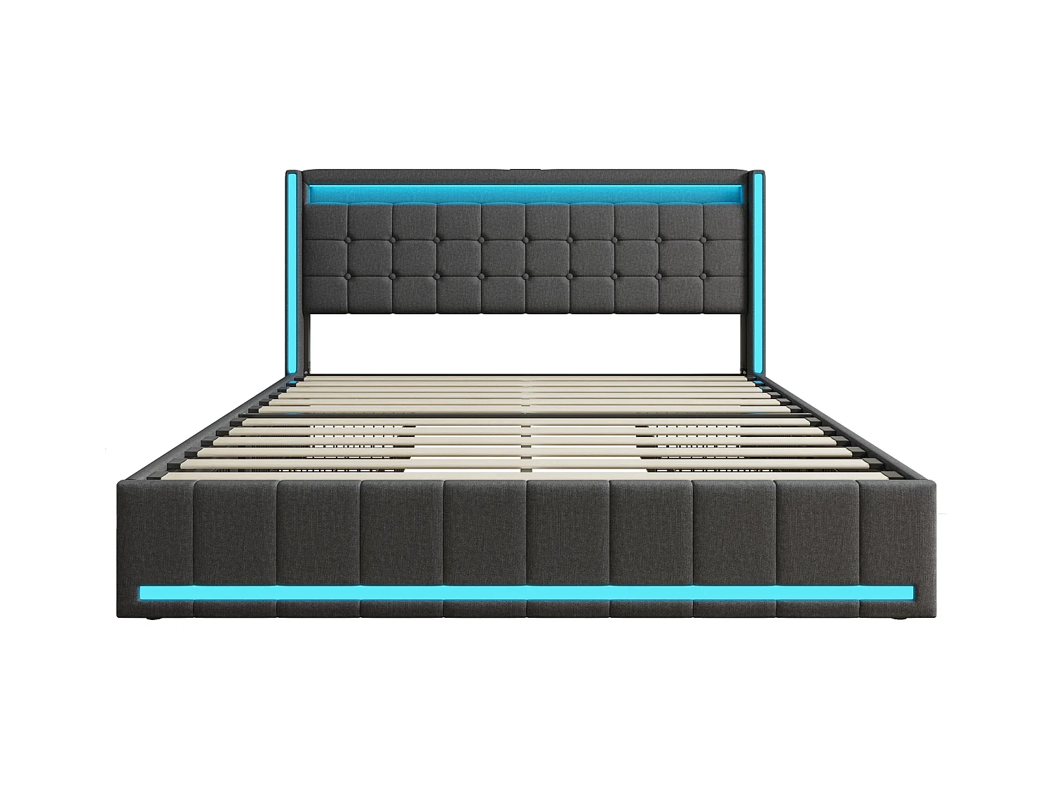 Lit Coffre 160x200 Avec LED Et USB, Lit Capitonné Avec Sommier à Lattes Et 4 Tiroirs, Lit Double