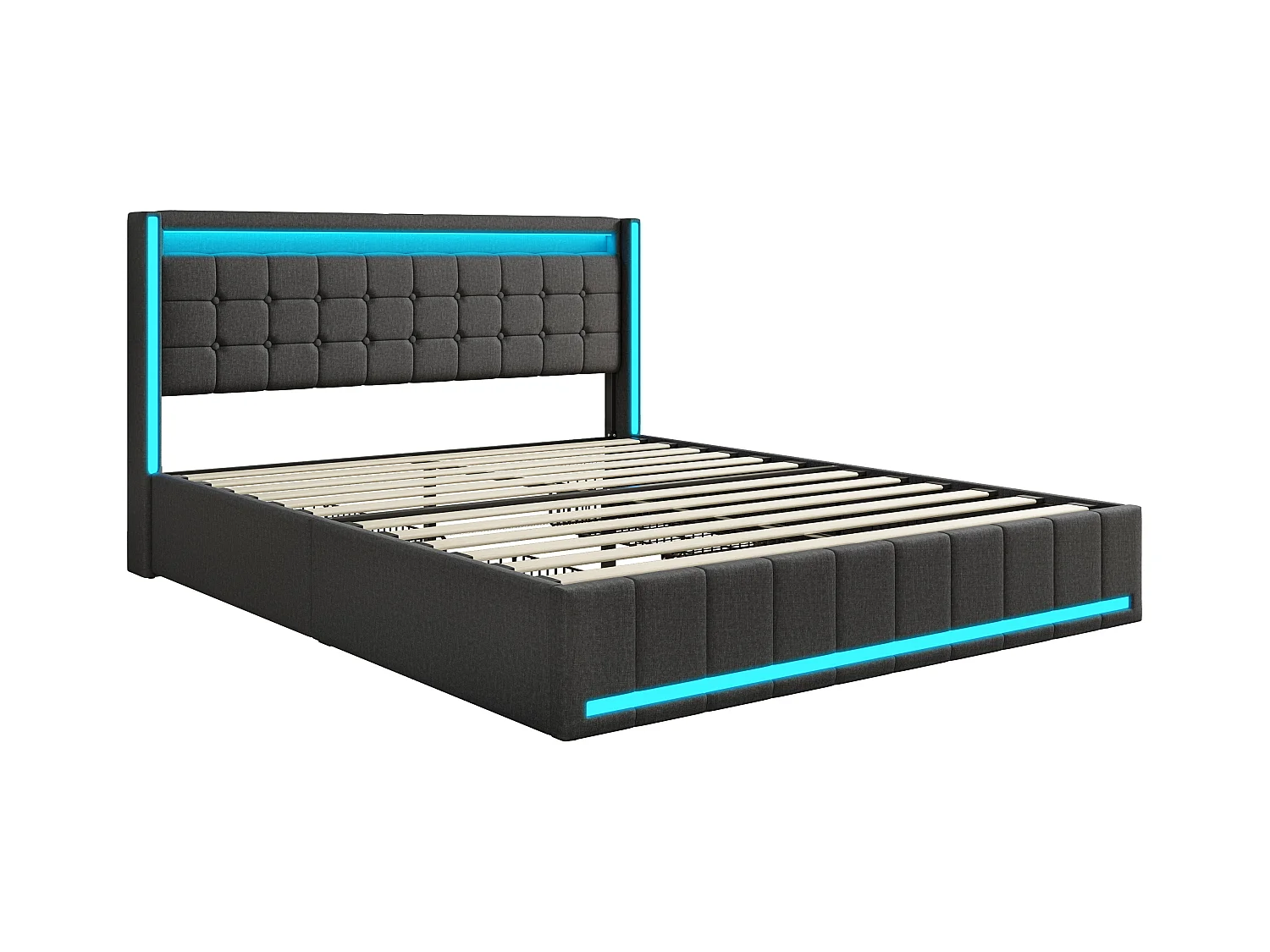 Lit Coffre 160x200 Avec LED Et USB, Lit Capitonné Avec Sommier à Lattes Et 4 Tiroirs, Lit Double