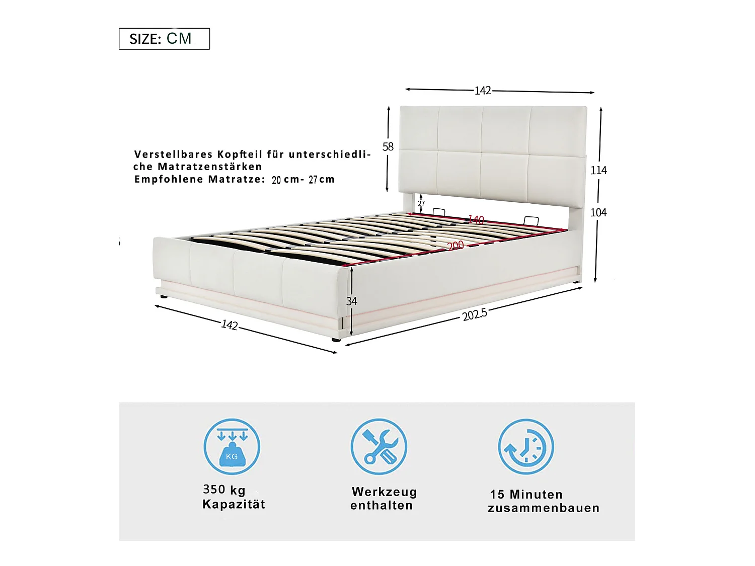 Lit Coffre 140x200 Avec LED Et Tête De Lit, Lit Capitonné Avec Sommier à Lattes, Lit Double, Blanc