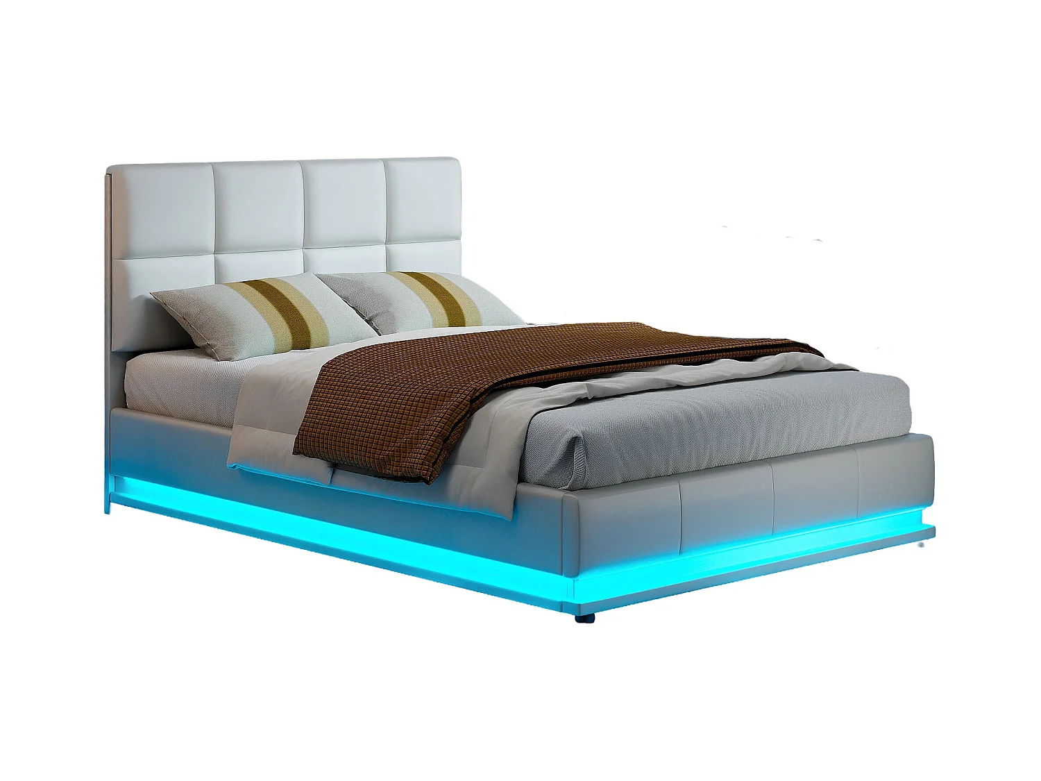 Lit Coffre 140x200 Avec LED Et Tête De Lit, Lit Capitonné Avec Sommier à Lattes, Lit Double, Blanc