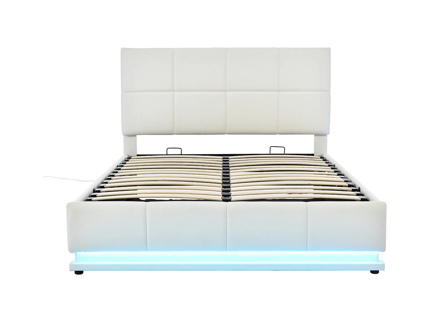 Lit Coffre 140x200 Avec LED Et Tête De Lit, Lit Capitonné Avec Sommier à Lattes, Lit Double, Blanc