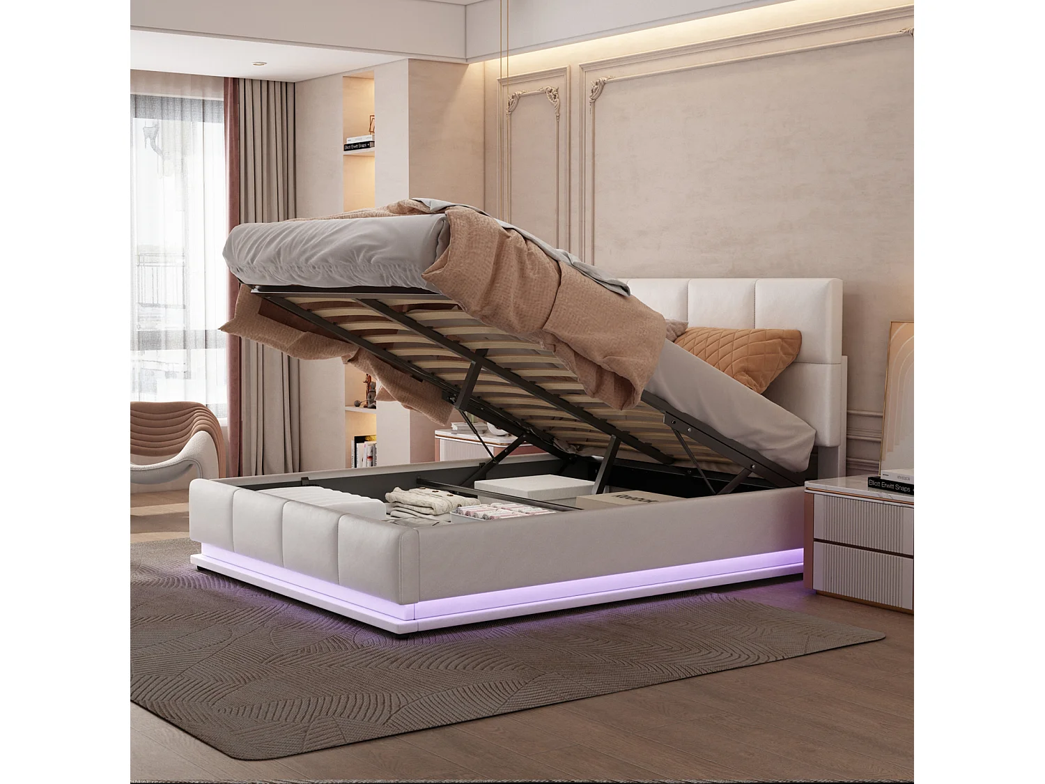 Cama de armazenamento 140x200 com LED e cabeceira, cama estofada com base de ripas, cama de casal, branca
