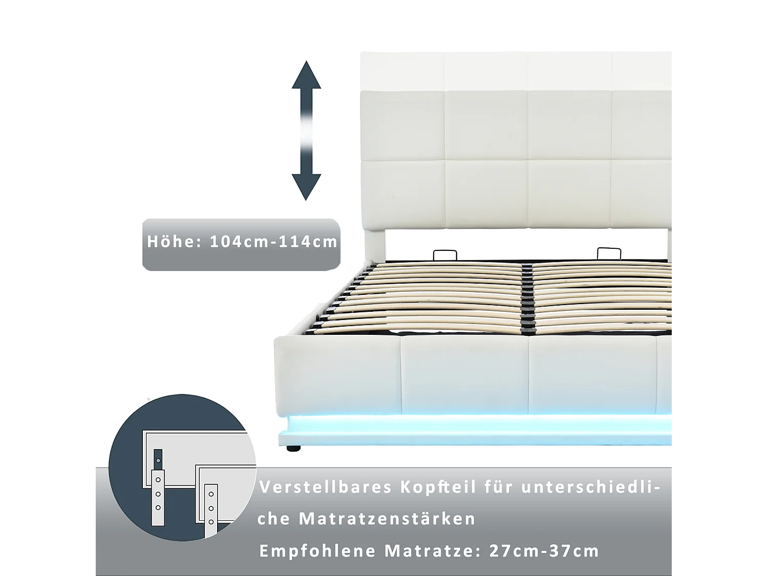 Cama de armazenamento 140x200 com LED e cabeceira, cama estofada com base de ripas, cama de casal, branca