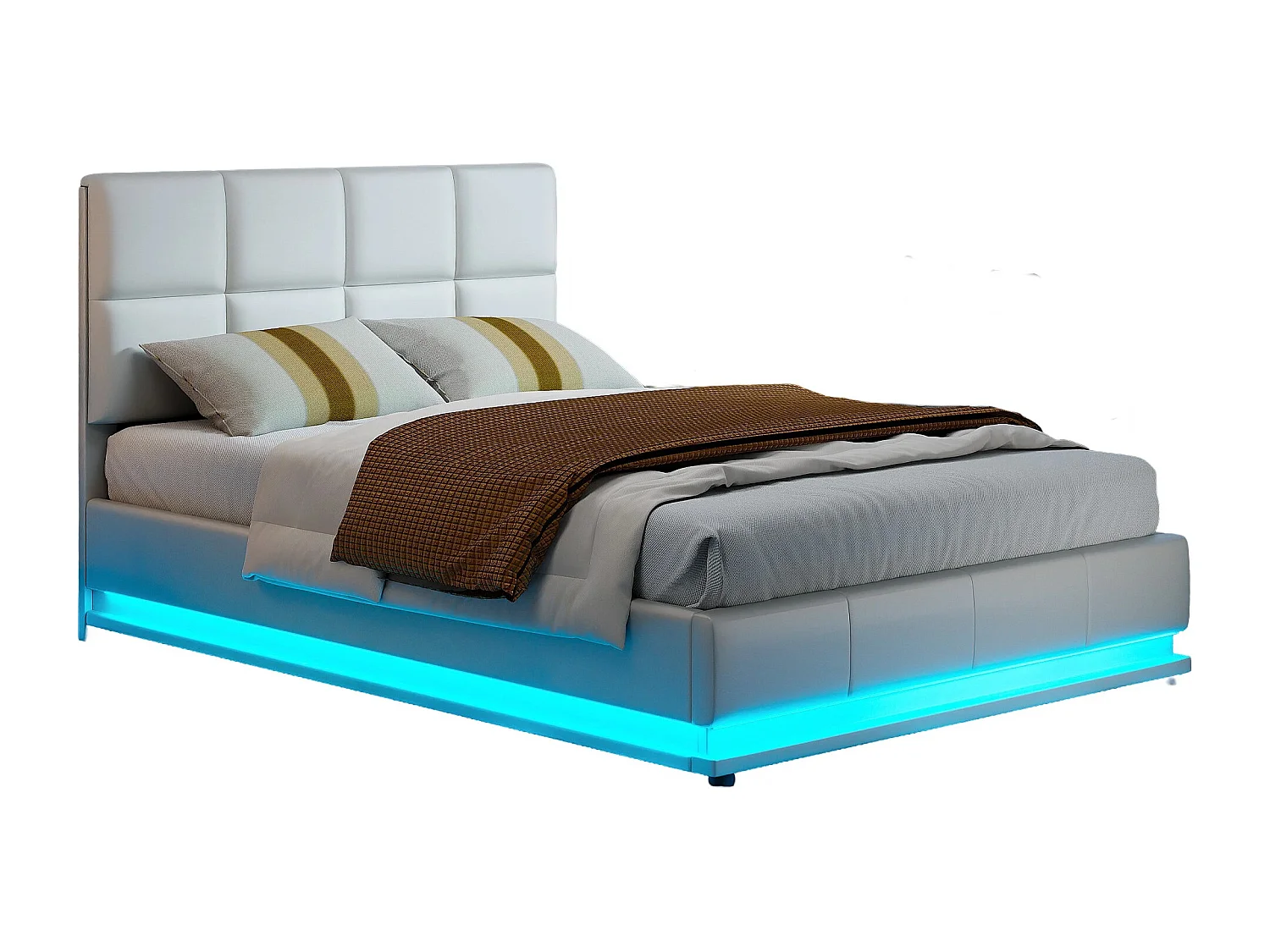Cama de armazenamento 140x200 com LED e cabeceira, cama estofada com base de ripas, cama de casal, branca