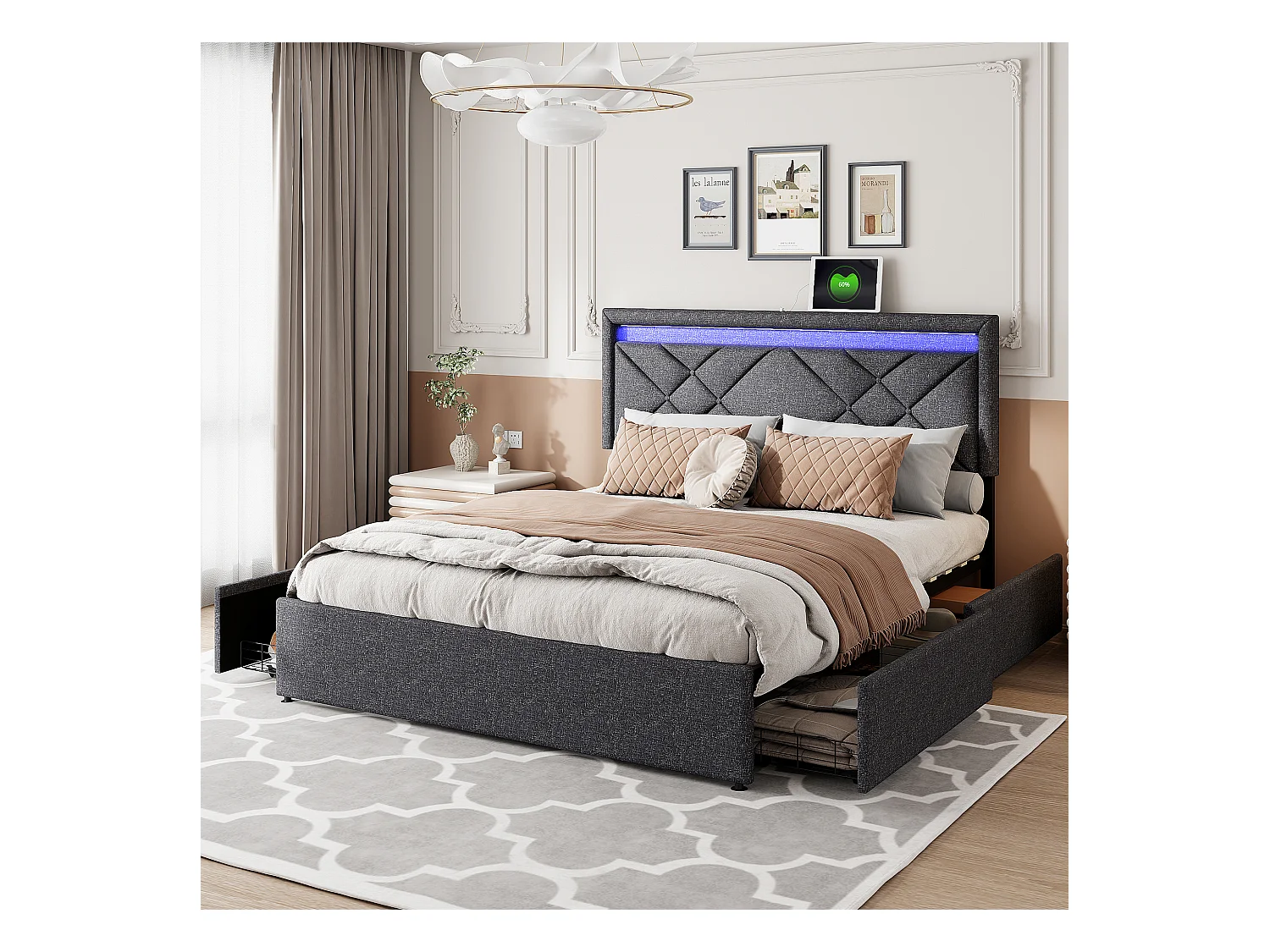 Tweepersoonsbed 140x200 cm, LED, USB type C, 4 lades, lattenbodem, donkergrijs linnen