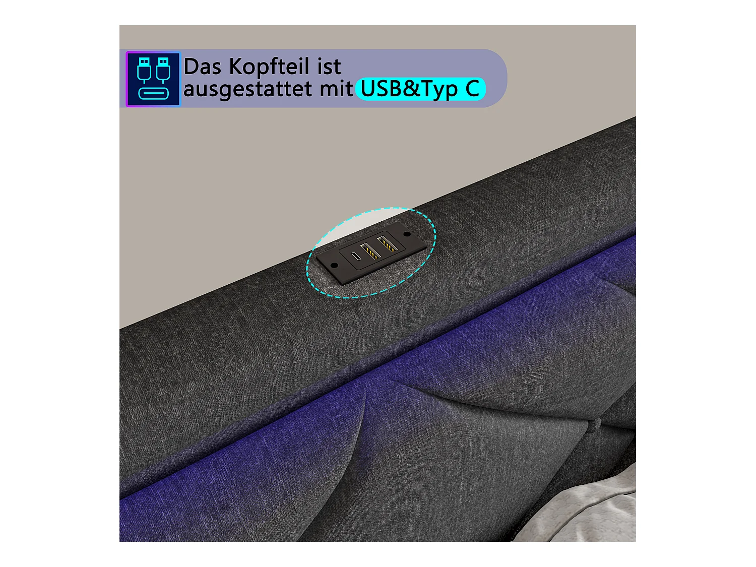 Tweepersoonsbed 140x200 cm, LED, USB type C, 4 lades, lattenbodem, donkergrijs linnen
