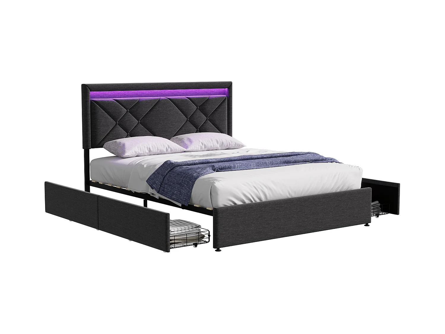 Lit Double 140x200 Cm, LED, USB Type C, 4 Tiroirs, Sommier à Lattes, Lin Gris Foncé