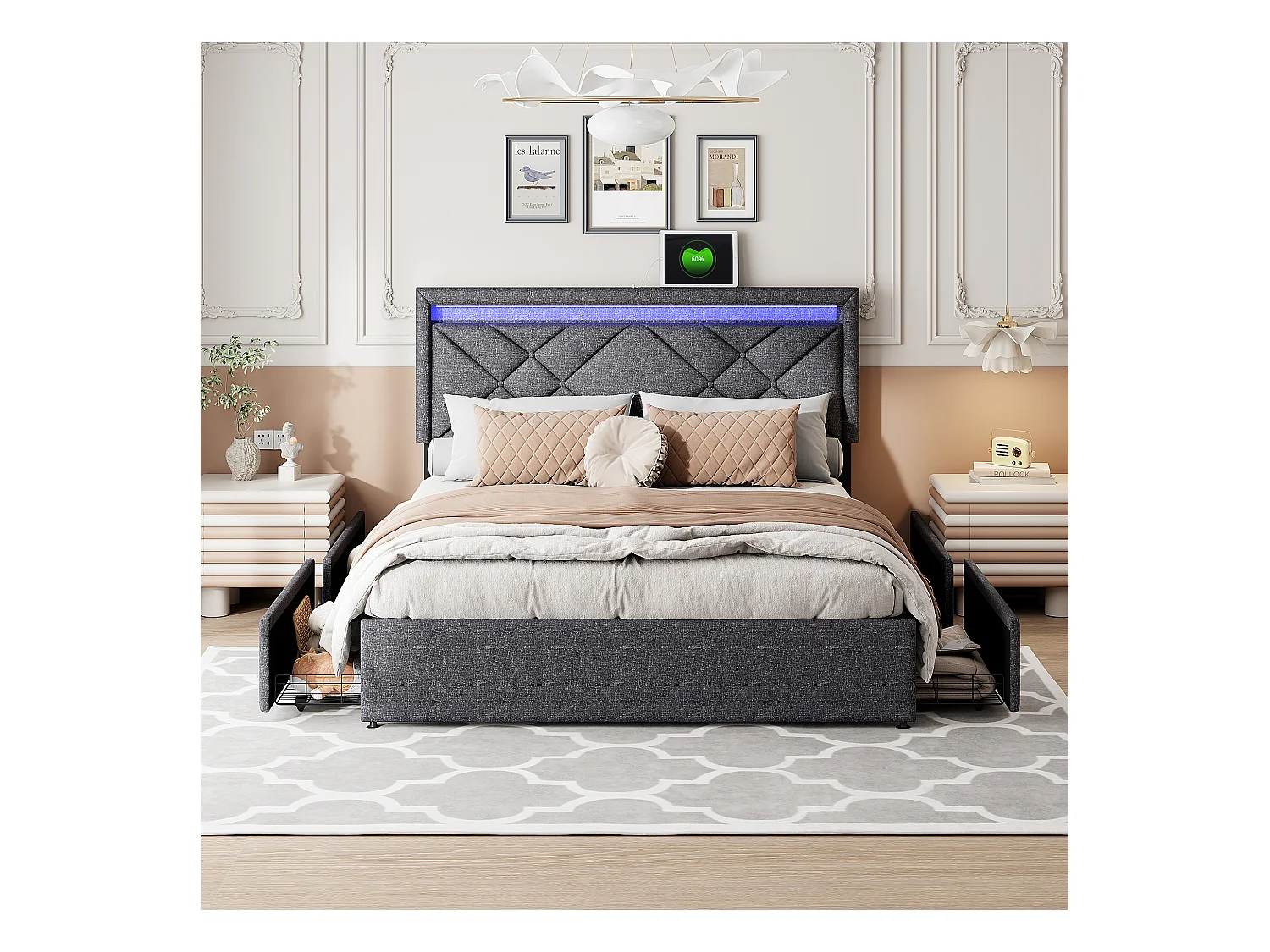 Lit Double 140x200 Cm, LED, USB Type C, 4 Tiroirs, Sommier à Lattes, Lin Gris Foncé