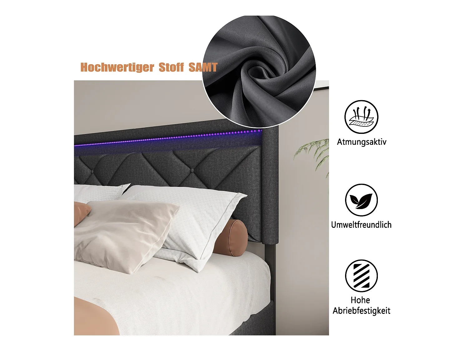 Lit Double 140x200 Cm, LED, USB Type C, 4 Tiroirs, Sommier à Lattes, Lin Gris Foncé