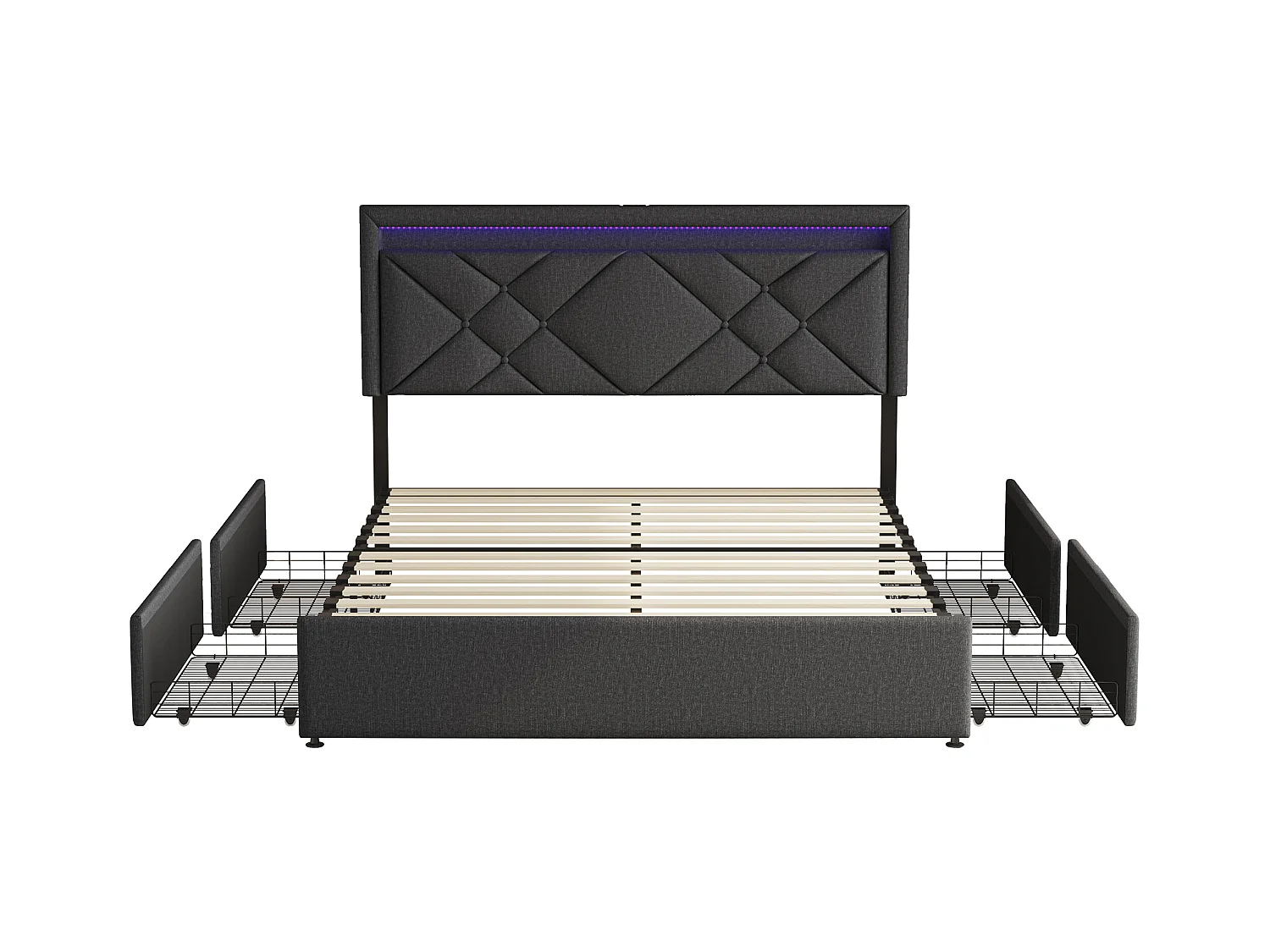 Lit Double 140x200 Cm, LED, USB Type C, 4 Tiroirs, Sommier à Lattes, Lin Gris Foncé