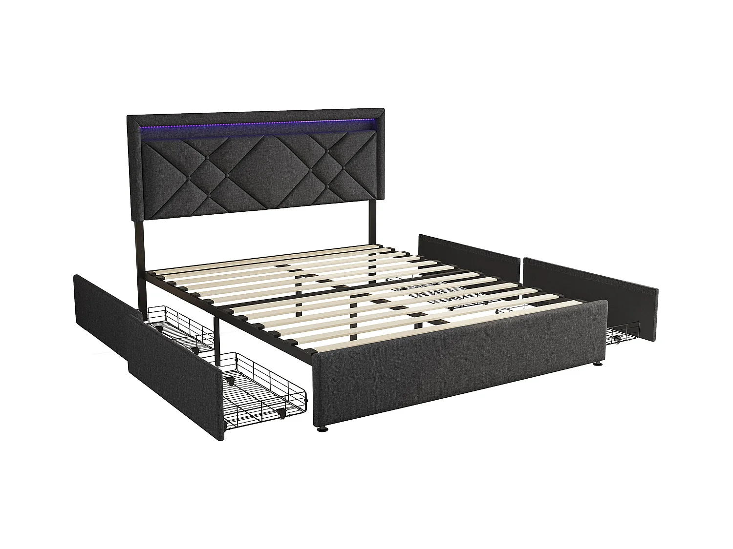 Lit Double 140x200 Cm, LED, USB Type C, 4 Tiroirs, Sommier à Lattes, Lin Gris Foncé