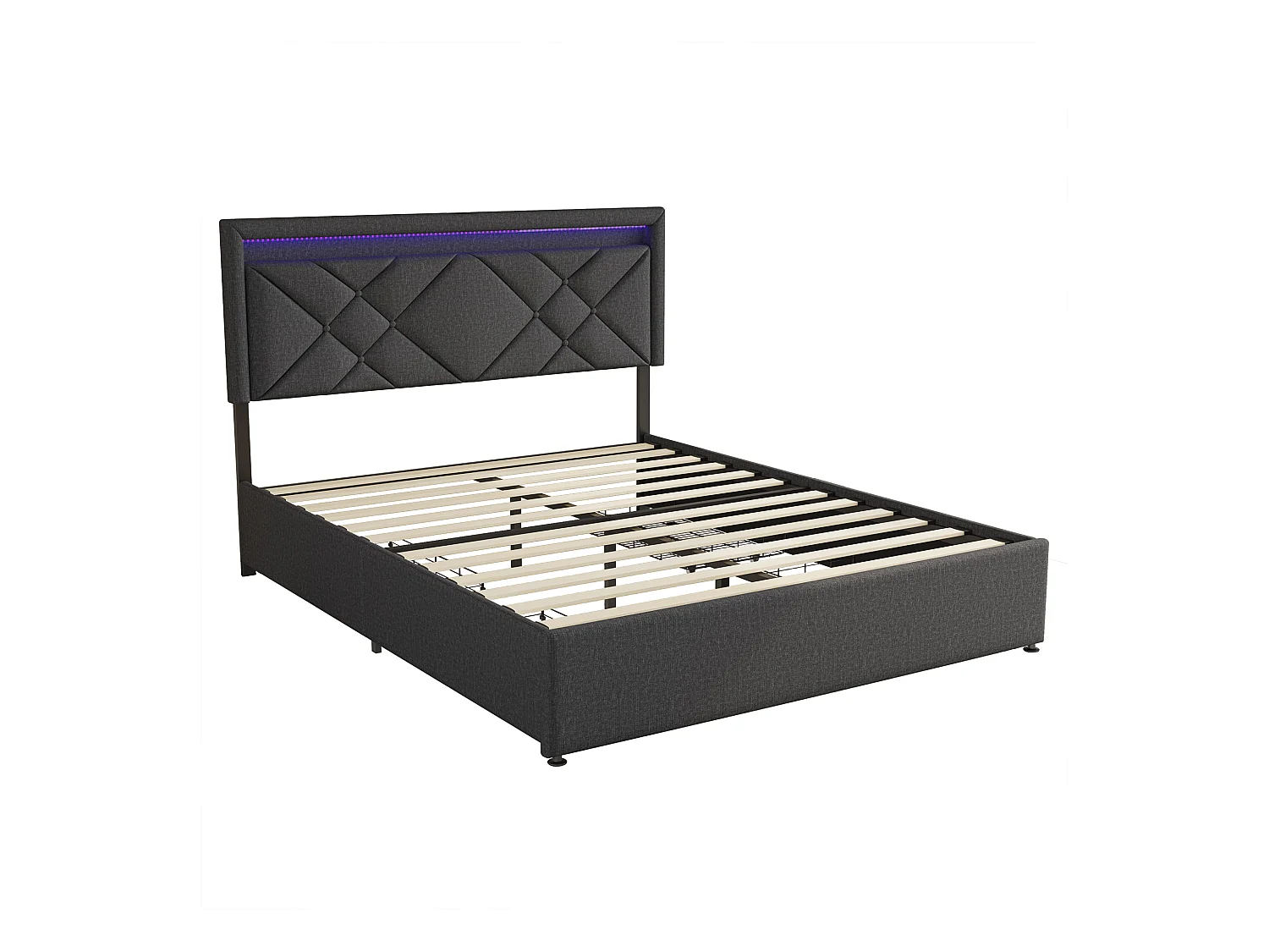 Lit Double 140x200 Cm, LED, USB Type C, 4 Tiroirs, Sommier à Lattes, Lin Gris Foncé
