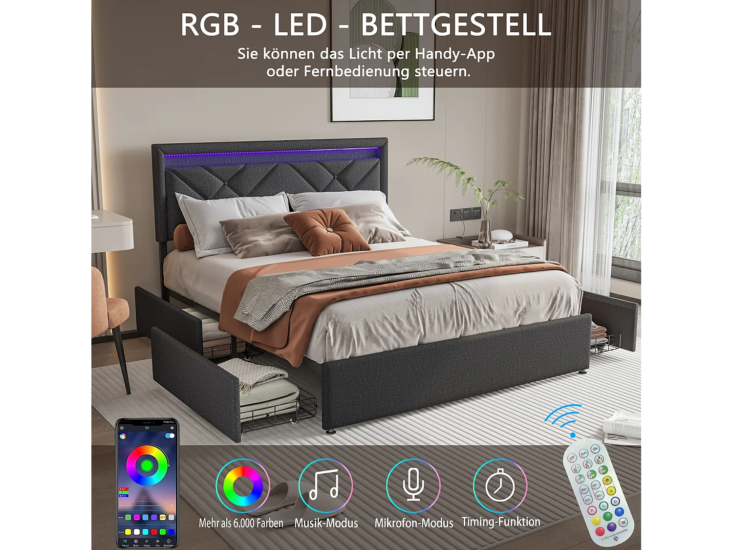 Lit Double 140x200 Cm, LED, USB Type C, 4 Tiroirs, Sommier à Lattes, Lin Gris Foncé