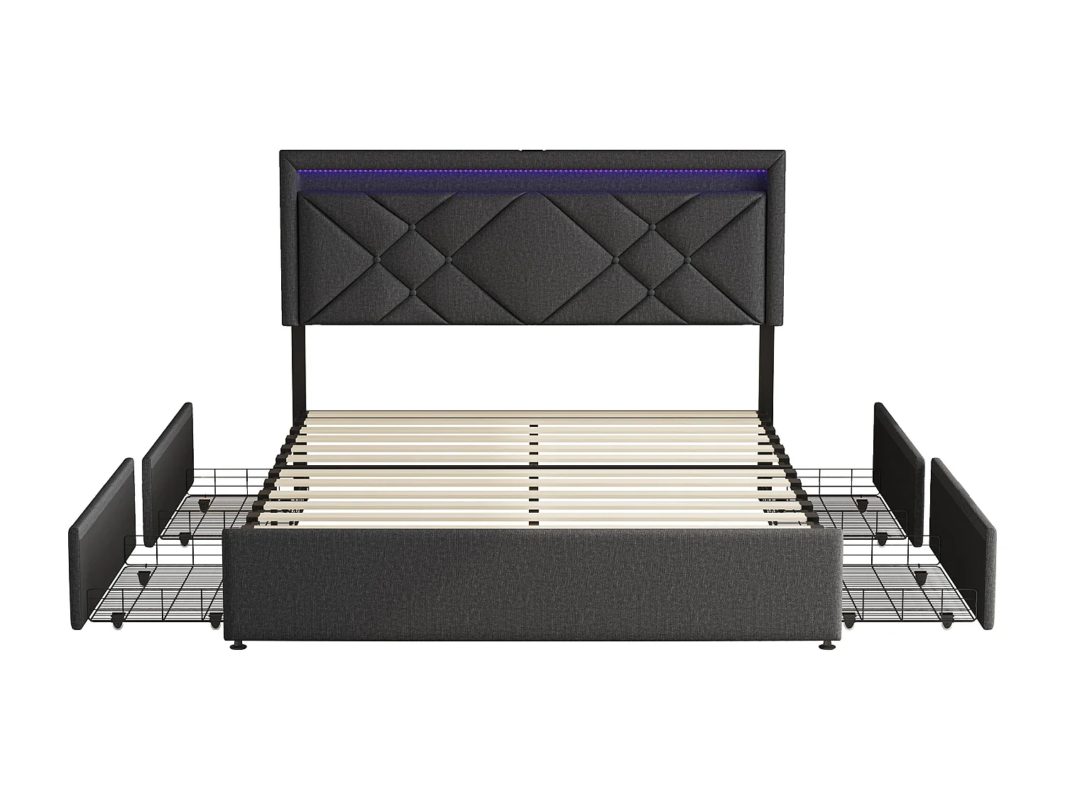 Lit Double 140x200 Cm, LED, USB Type C, 4 Tiroirs, Sommier à Lattes, Lin Gris Foncé