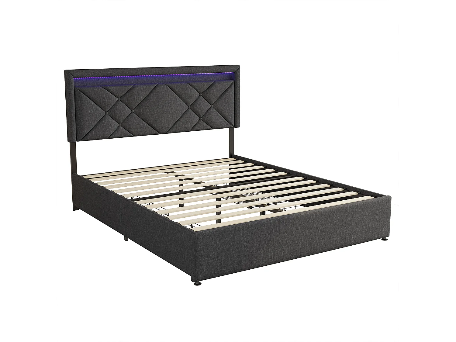 Lit Double 140x200 Cm, LED, USB Type C, 4 Tiroirs, Sommier à Lattes, Lin Gris Foncé