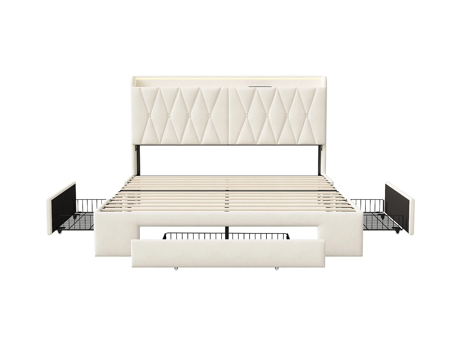 Tweepersoonsbed 140x200 cm, gestoffeerd met lades en opberghoofdeinde, USB en verstelbare LED, beige