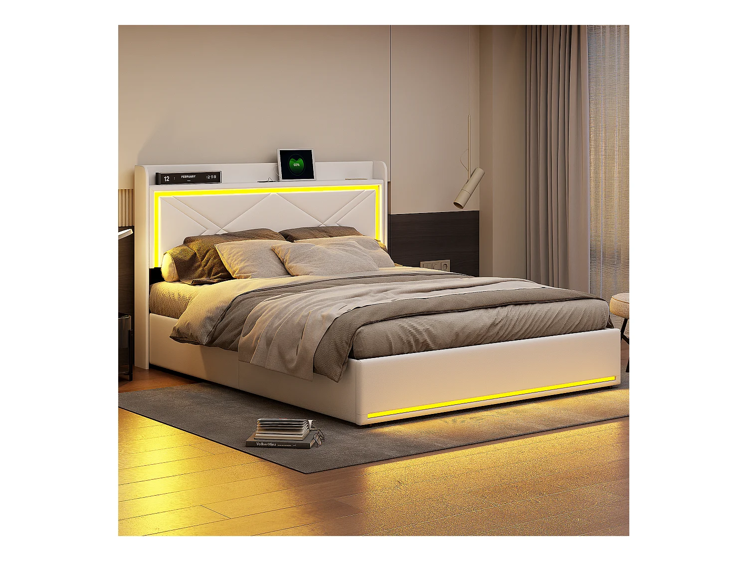 Lit Coffre 140x200 Avec LED Et USB, Lit Capitonné Avec Sommier à Lattes, Lit Double, Blanc