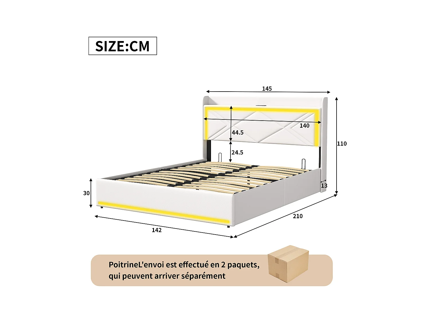 Lit Coffre 140x200 Avec LED Et USB, Lit Capitonné Avec Sommier à Lattes, Lit Double, Blanc