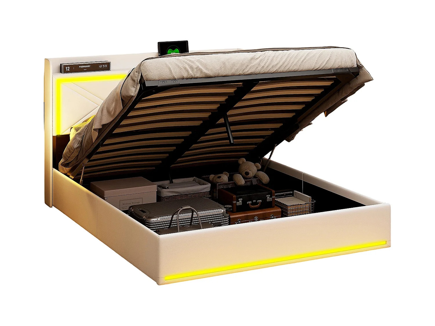 Lit Coffre 140x200 Avec LED Et USB, Lit Capitonné Avec Sommier à Lattes, Lit Double, Blanc