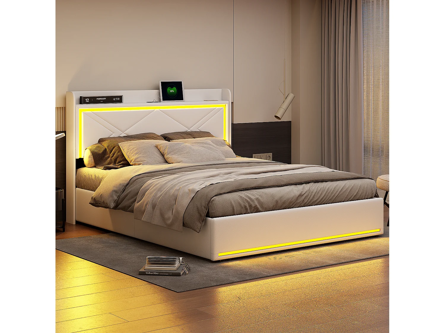 Lit Coffre 140x200 Avec LED Et USB, Lit Capitonné Avec Sommier à Lattes, Lit Double, Blanc