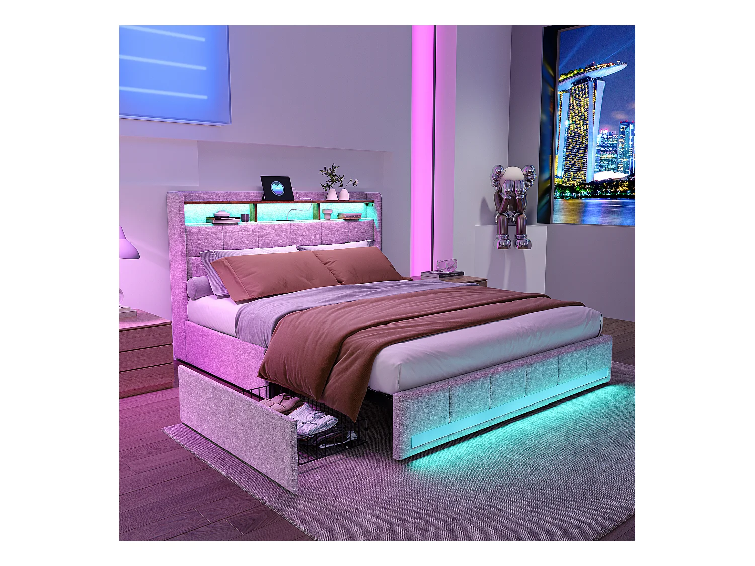 Doppelbett 140x190 cm aus beigem Leinen, 4 Schubladen, LED, Regale, USB/Typ-C-Anschlüsse, Lattenrost aus Holz