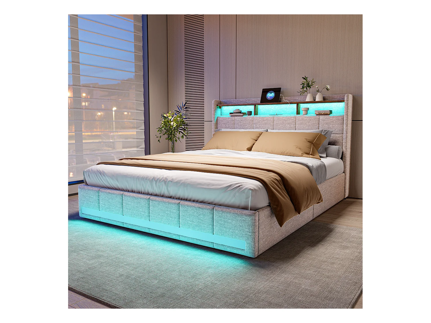 Letto matrimoniale 140x190 cm in lino beige, 4 cassetti, LED, ripiani, porte USB/Type-C, rete a doghe in legno