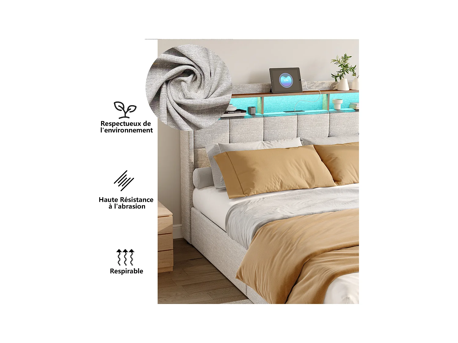 Letto matrimoniale 140x190 cm in lino beige, 4 cassetti, LED, ripiani, porte USB/Type-C, rete a doghe in legno