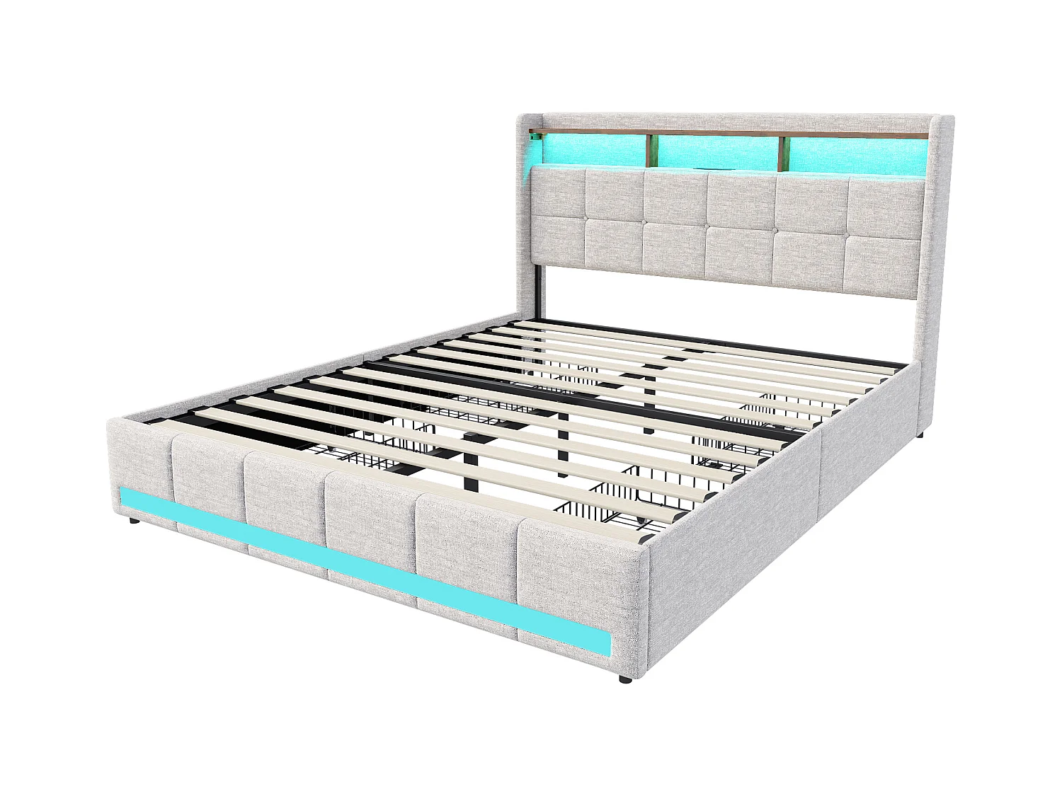 Letto matrimoniale 140x190 cm in lino beige, 4 cassetti, LED, ripiani, porte USB/Type-C, rete a doghe in legno