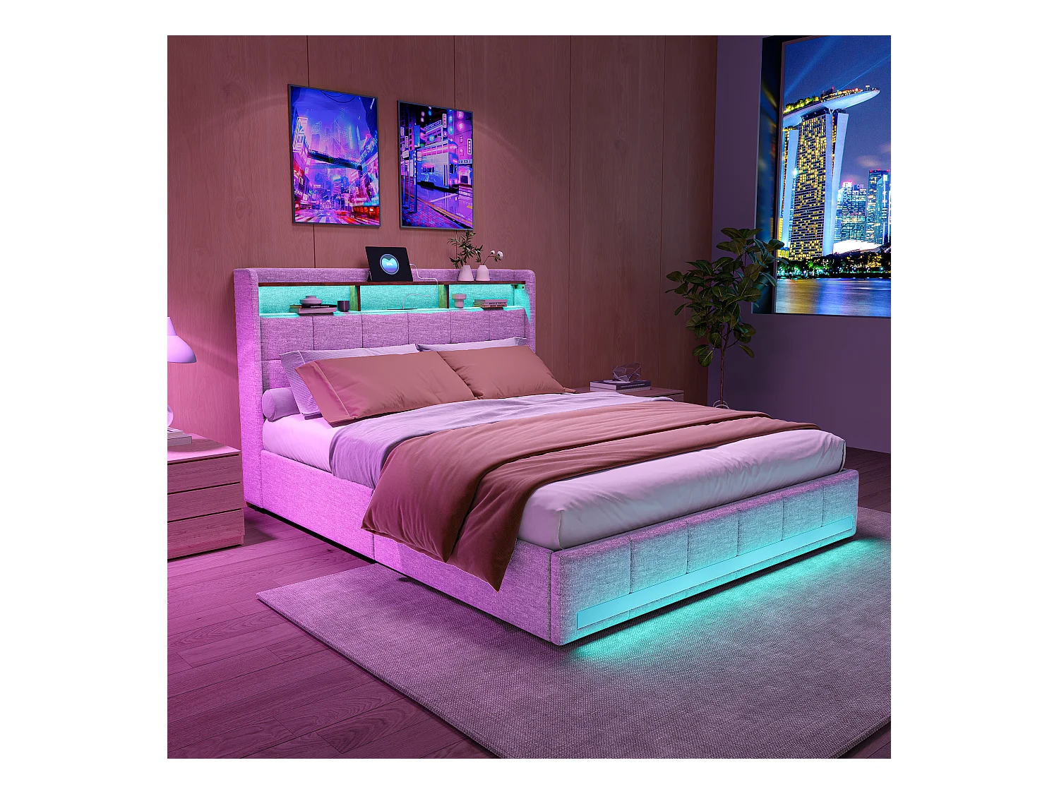 Letto matrimoniale 140x190 cm in lino beige, 4 cassetti, LED, ripiani, porte USB/Type-C, rete a doghe in legno